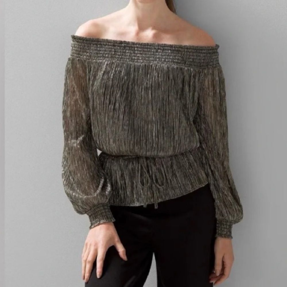 White House Black Market Metallic Olive Off-Shoulder Blouse